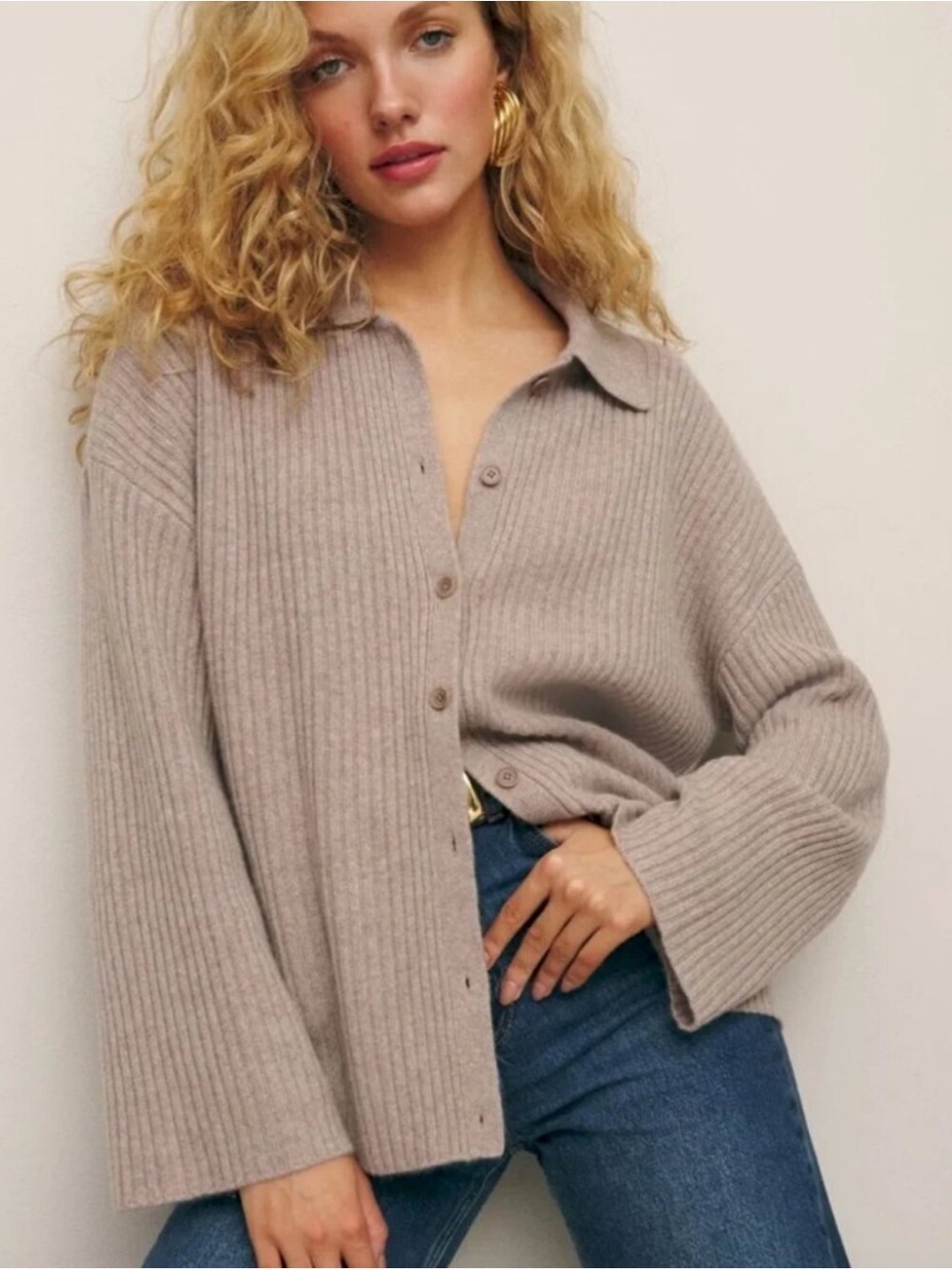 Reformation Fantino Cashmere Collared Cardigan Oatmeal Beige Cozy Cottagecore S